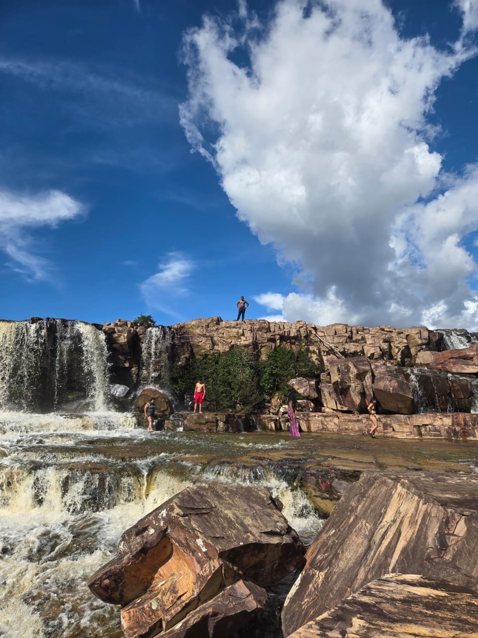 Orinduik Falls panoramic view with rock wall